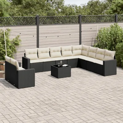 Produktbild von Schlichtes 11-tlg. Garten-Sofagarnitur,Lounge-Gartenmöbel, Gartensofa Set mit Kissen Schwarz Poly Rattan DE2546
