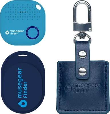Produktbild von musegear® Essentials: Schlüsselfinder mit Bluetooth App aus Deutschland I Special Bundle: Finder Mini dunkelblau, Finder 2 hellblau, Finder 2 in Ledertasche Navy Blue I Maximaler Datenschutz