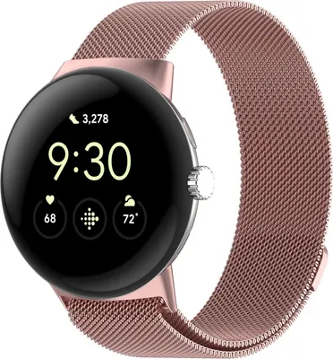 A rose gold smartwatch with a mesh band is shown against a white background.