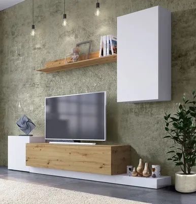 Produktbild von Wohnwand "Rimini" Anbauwand 4-teilig weiß Artisan Eiche grifflos