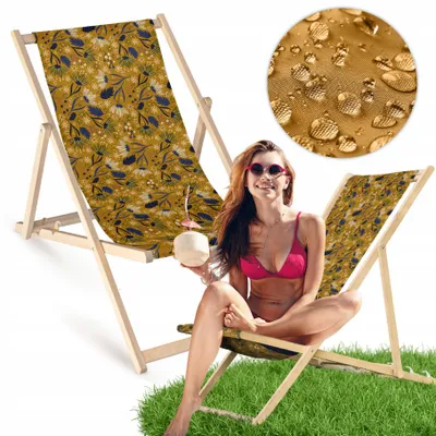 Produktbild von Liegestuhl klappbar aus Holz mit gelbem folkloristischem Wiesenmotiv – Klappstuhl Klappliege Sonnenstuhl Strandstuhl Gartenliege