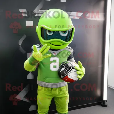 Produktbild von Limettengrüner REDBROKOLY Maskottchen Kostüm mit American-Football-Helm bekleidet mit einem Sweatshirt und Handschuhen