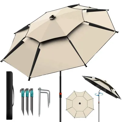 Produktbild von Sonnenschirm 200 cm doppellagig Khaki UPF 50+ windfest höhenverstellbar 360° neigbar mit Tragetasche und Bodenanker