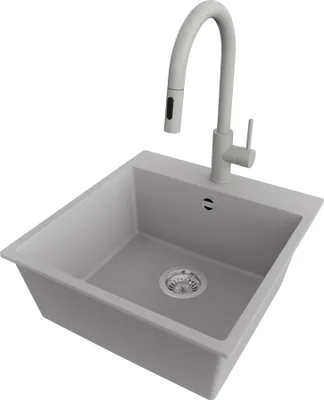 Produktbild von PRIMAGRAN Granitspüle Grau 48x50cm, Spülbecken 1 Becken + Küchenarmatur 40x20cm + Ablauf-Set, Küchenspüle ab 50er Unterschrank - Riga