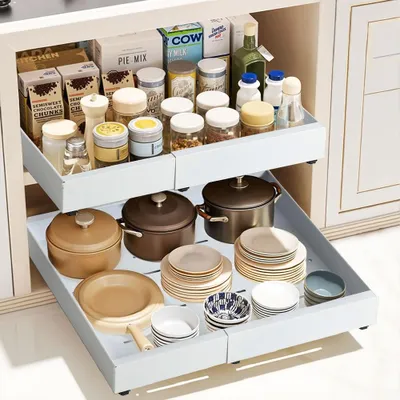 Produktbild von 2 Stück Teleskopschublade Küchenschrank Ausziehbare Schublade Schrank Organizer ohne Bohren 32-52cm Breite einstellbar x 53 cm Tiefe