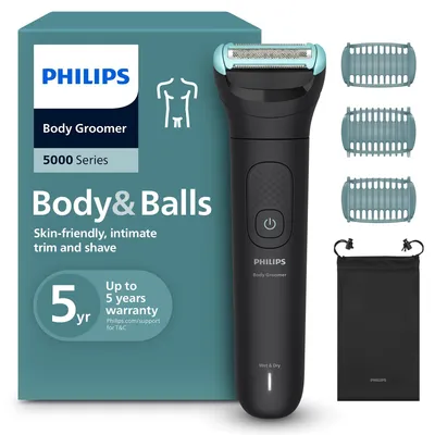 Immagine prodotto di Philips 5000 series Body Groomer BG5470/15 Con sistema di rasatura Triple Protect, Rasatura a secco e bagnata, Funzionamento senza manutenzione - non è necessario lubrificare, Batteria, Nero