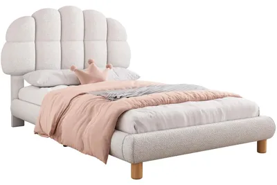 Image de Lit bébé - Lit simple 90x200 cm - Tête de lit en forme de nuage - Lit rembourré en bois avec sommier à lattes - Revêtement en velours, sans matelas - Blanc