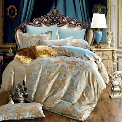 Produktbild von Bettwäsche 135x200 cm Gold Blau Seide Satin 2-teilig Microfaser Blumenmuster Wendebettwäsche mit Reißverschluss