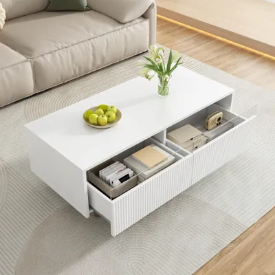Produktbild von KLAM HOME Couchtisch Sofatisch mit gold-weißen Massivholzbeinen LED-Beleuchtung Wohnzimmertisch mit 2 Schubladen und farbwechselnden LED-Lichtstreifen