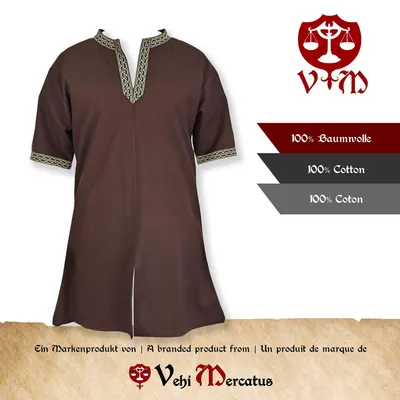 Produktbild von Klassische Wikinger Tunika braun "Arvid" mit Knotenmuster, kurzarm S