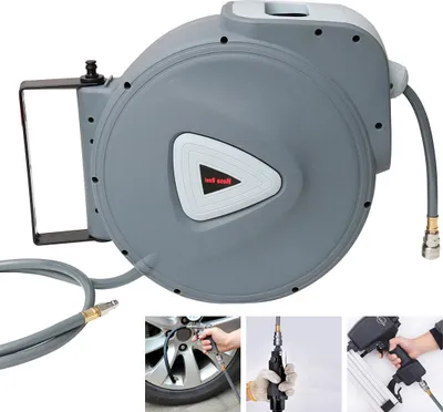 Produktbild von Izrielar Druckluft Schlauchtrommel 30m+2m Automatischer Einzug 1/4" Anschluss 18 bar Ø15mm Automatik Schlauchaufroller Druckluftschlauch Wandhalterung