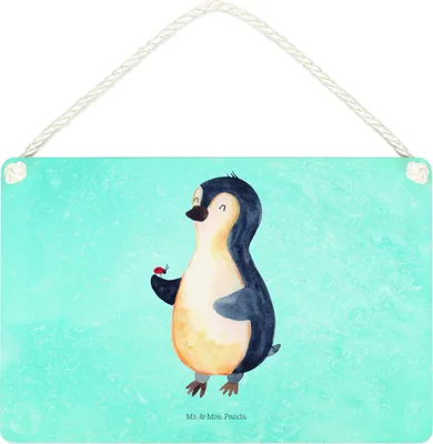Produktbild von Mr. & Mrs. Panda Schild Pinguin Marienkäfer DIN A4 - Eisblau - Geschenk, Kleine Wunder, Aufmerksam, Holzschild, Liebe, Freude, holzbild, Türschild, aufmerksamkeit