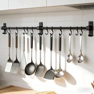 Produktbild von Schwarze Küchenhakenleiste aus Aluminium, 80 cm, mit 12 verstellbaren Haken für Küchenutensilien