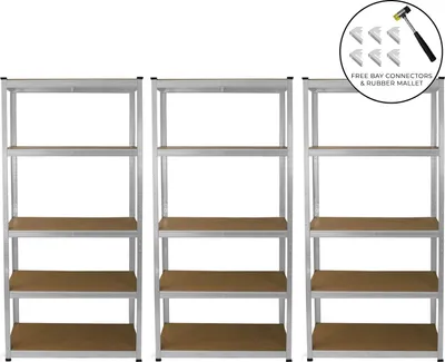 Immagine prodotto di 3 x E-Rax: scaffale da magazzino zincato, scaffale da garage, scaffale in acciaio, scaffale industriale, scaffale da officina, scaffale a incastro, scaffale in metallo, 100% senza viti, bianco, martello di gomma