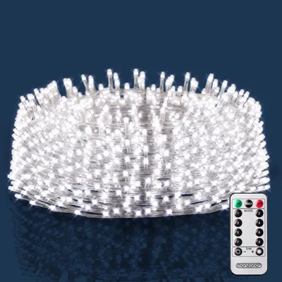 A spherical cluster of white LED lights with a remote control in the foreground.