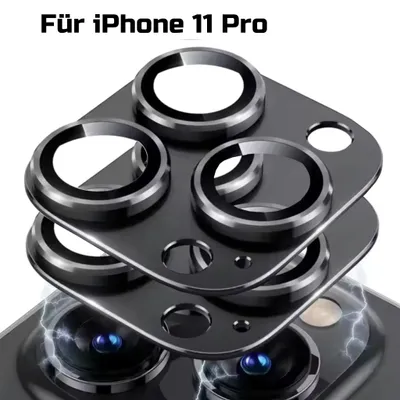 A close-up view of camera lens protectors for an iPhone 11 Pro, stacked on top of each other, with a hint of the phone's camera lenses visible below.