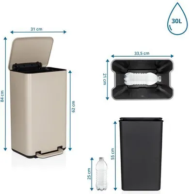 Obrázek produktu pro hjh OFFICE Odpadkový koš 30 litrů CLEAN BEVA Odpadkový koš na tříděný odpad obdélníkový do kuchyně, kanceláře se Step-On 62,0 x 31,0 x 36,0 cm