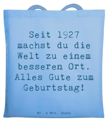 Produktbild von Mr. & Mrs. Panda Jutebeutel Spruch 1927 Geburtstag - Sky Blue - Geschenk, Geburtstagsgeschenk, alles Gute zum, Schultasche, Glückwunsch, Beutel, Seele, Jahrgang, Tote Bag