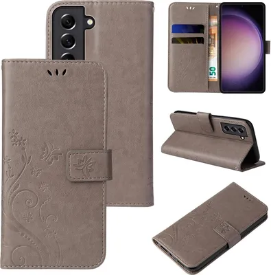 Produktbild von Handyhülle für Samsung Galaxy S23 FE Floral Blumen Schmetterling Flip Cover Hülle Case Klapphülle Handytasche Farbe: Grau