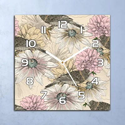 Produktbild von Deko Glasuhr Wanduhr 30x30 Skizze Vögel Blumen Quarz Küchenuhr Bürouhr