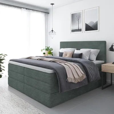 Produktbild von Bett, Boxspringbett ZENO PLUS mit 2-Matrazen und VISCO Topper, Doppelbett, Stauraum, Schlafzimmer, Polsterbett, 140x200 cm (Grün - Tilia 39)