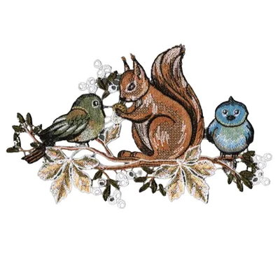 Produktbild von Plauener Spitze Fensterbild, Motiv:Eichhörnchen mit Vögel