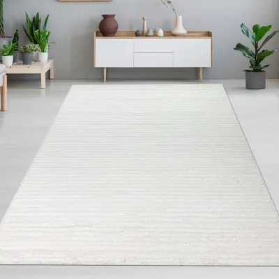 Produktbild von Teppich Wohnzimmer Schlafzimmer mit verschieden gemusterten Linien in creme grau Größe - 160 x 230 cm