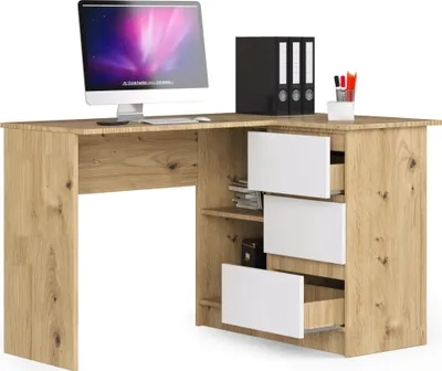 Produktbild von BDW, Eckschreibtisch rechts, 3 Schubladen, 4 Regale, Eiche artisan / weiß rechts