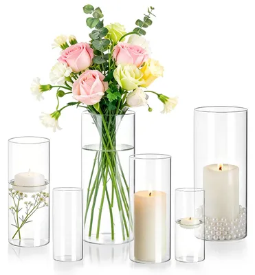 6er-Set Glas-Zylindervasen, hitzebeständig, 3 Größen, transparent