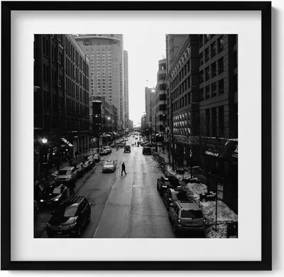 Produktbild von Schwarz-weiße Straßen von Chicago– Wandbild mit Rahmen – Gerahmtes Bild  – Wanddekoration – 50x50 cm –  Schwarz Rahmen