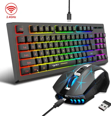 Produktbild von Douself Tastatur & Maus Set, Kabellos, Wiederaufladbar, Bunte Hintergrundbeleuchtung, 87 Tasten, Einstellbare Bewegungsgeschwindigkeit, Kompakt, für Büro & Gaming, 2.4G & Bluetooth, 10m Reichweite, Tastatur: 37.2x15.1x3.7cm, Maus: 12.6x7.4x4.1cm, Tastatur 1800mAh, Maus 400mAh Akku