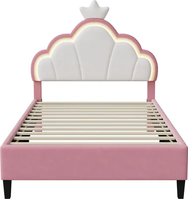 Produktbild von UnboxG Kinderbett Polsterbett 90×200 cm mit Lattenrost, Kinderbett mit Kronenförmigem Kopfteil, Jugendbett Einzelbett mit Led, Prinzessinnenbett Holzbett,Rosa