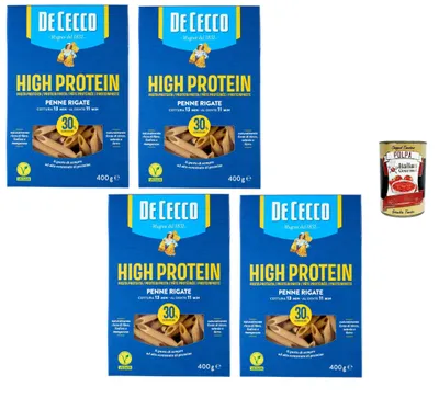 Produktbild von De Cecco Italian Gourmet Bundle High Protein Penne Rigate 4 x 400 g + Italian Gourmet Polpa, Protein Pasta, Vegane Pasta, Penne Rigate n 41, 30 Prozent Protein, Eiweißnudeln, 1,6 kg