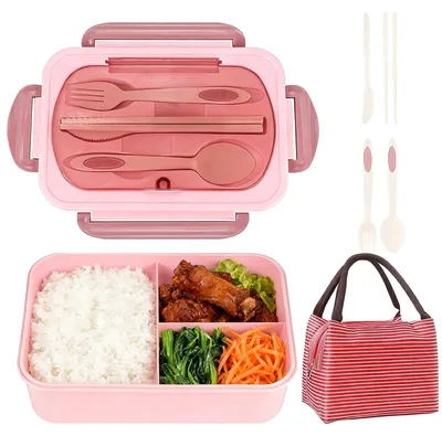 Bento-Box mit 3 Fächern, Besteck, 1250 ml, rosa