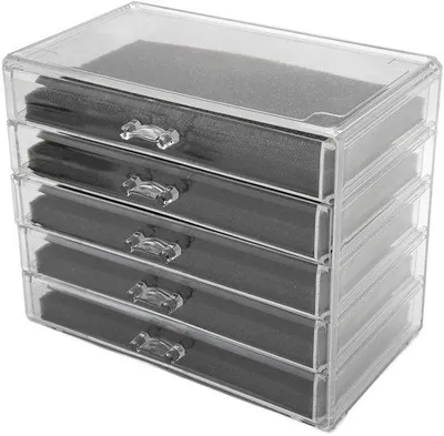 Productafbeelding van Unyqoos® Transparante acryl make-up- en sieradenorganizer met 5 stapelbare, afsluitbare lades, BPA-vrij, met uitneembare zwarte netinzetstukken