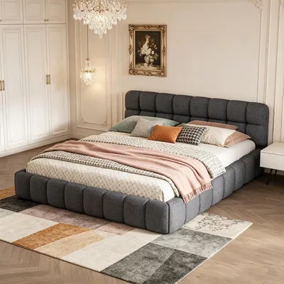 Image de INONEFT Bubble-Bett 140x190 cm, lit rembourré, lit double avec tête de lit rembourrée, cadre de lit pour adolescents avec sommier à lattes, lit plat, lit d'appoint, lin, gris