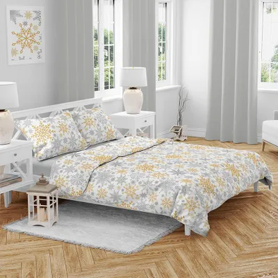 Obrázek produktu pro Vánoční bavlněné povlečení Vločky zlaté 140x200, 70x90 cm