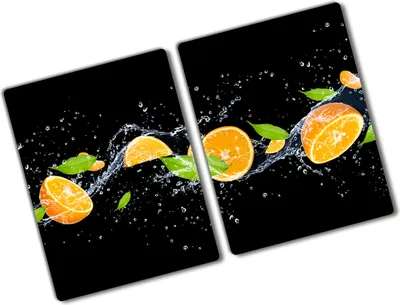 Produktbild von Tulup Glas Herdabdeckplatte - 2x40x52 cm - Glaskeramikkochfeld-Abdeckung Spritzschutz Glasabdeckplatte Kochplattenabdeckung und Schneidebrett - Zweiteilig - Essen & Getränke - Orangen und Wasser - Orange