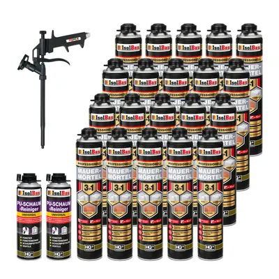 Produktbild von Isolbau Mauermörtel Pistolenschaum SET - Teflon Schaumpistole, 2 x PolyurethanReiniger Montageschaum Klebeschaum PolyurethanMörtel 20 x 750ml