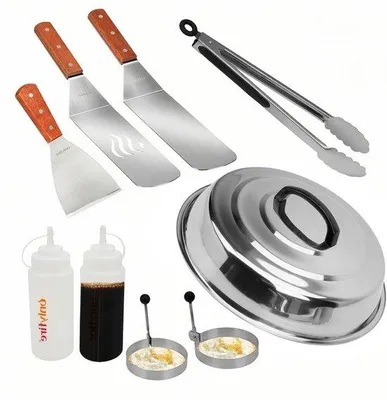 Produktbild von Famanu BBQ Werkzeugset mit 12" Schmelzkuppe - 9-teiliges Set für Grill und Backplatte