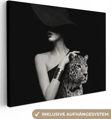 Obrázek produktu pro OneMillionCanvasses® - Plátna - Žena - Leopard - - Černá - Bílá - Zvíře, Nástěnný obraz, Nástěnná dekorace Obývací pokoj, 40x30cm