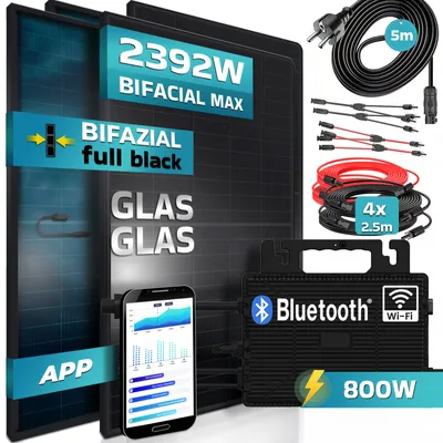 Produktbild von SUNNIVA® 2392W Balkonkraftwerk komplett Steckdose, ASTRO-ENERGY 800W Wechselrichter, PV Solaranlage, 4x460W BIFAZIAL, FULL BLACK, Glas-Glas, 5m Kabel