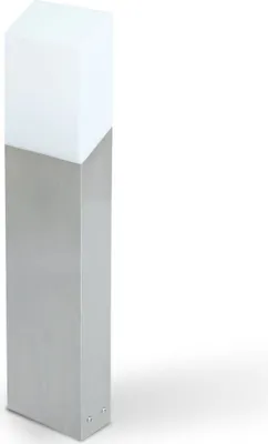 A modern outdoor lamp with a silver base and a white frosted top.