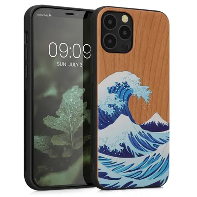 Produktbild von kwmobile Hülle kompatibel mit Apple iPhone 12 / iPhone 12 Pro Hülle - Holz Case - Handy Cover - TPU Handyhülle in Blau Weiß Braun Holz Japanische