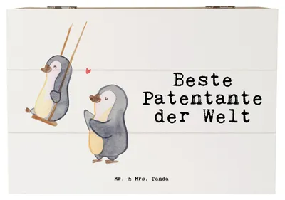 Produktbild von Mr. & Mrs. Panda Kiste Pinguin Beste Patentante der Welt 22 x 15 cm - Weiß - Geschenk, Neffe, Nichte, Familie, Holzbox mit Deckel, Geschenkidee, Mitbringsel, fotobox