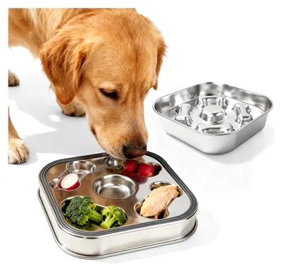 Produktbild von Anti-Schling-Napf für Hunde aus Edelstahl mit Silikonboden – 21,5 * 21,5 * 4 cm Slow Feeder für große und kleine Hunde sowie Katzen – Spülmaschinenfest, Metallnapf