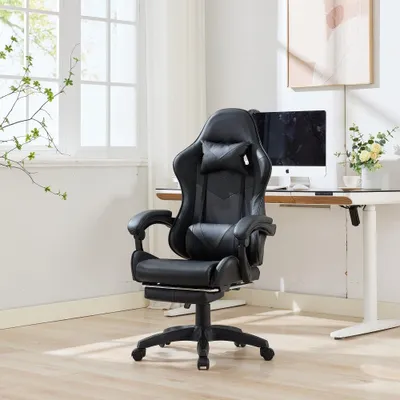 Obrázok produktu pre Herná stolička – Ergonomická kancelárska stolička s otočnými kolieskami o 360 stupňov, opierkou nôh a bedrovou opierkou, v športovom štýle
