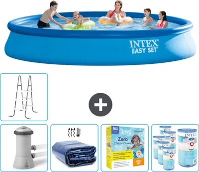 Produktbild von Intex runder aufblasbarer Easy Set-Schwimmpool – 457 x 84 cm – Blau – inklusive Pumpe Sonnensegel - Wartungspaket - Filter - Leiter