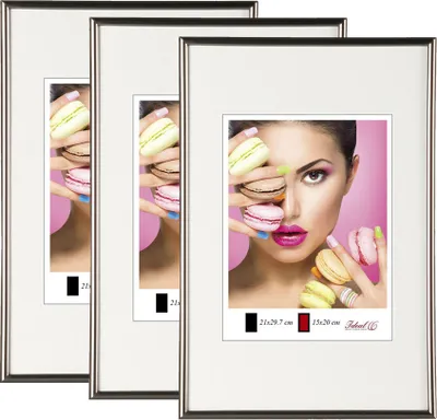 Three framed pictures of a woman holding macarons, with text indicating size and brand.