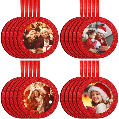 20er Set runde Weihnachts-Fotorahmen aus Filz, rot, Glitzer
